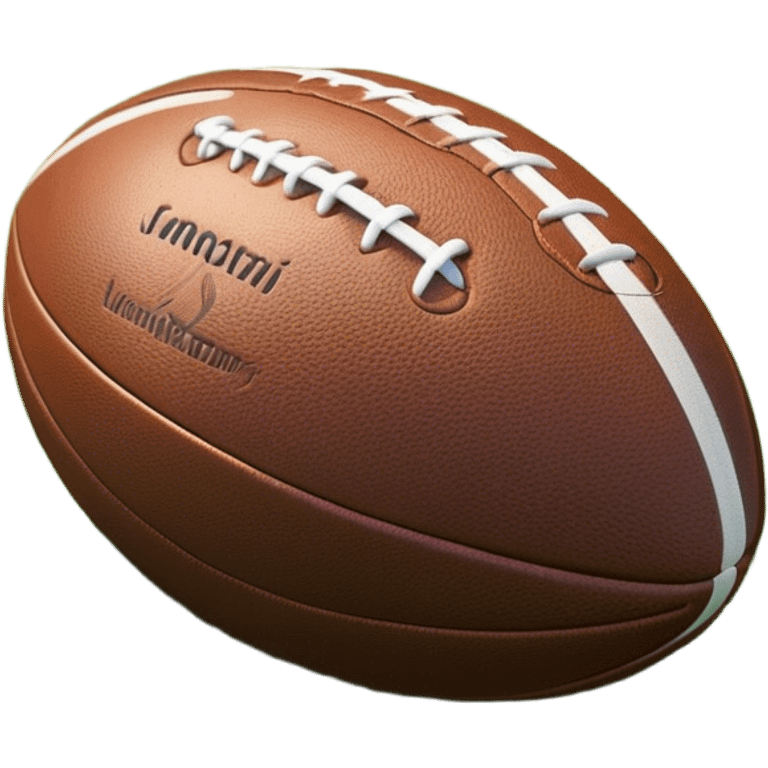 Cinematic Realistic image of a rugged rugby ball with detailed leather textures and precise stitching, rendered against a sunlit field backdrop with dynamic natural lighting that emphasizes its robust character emoji