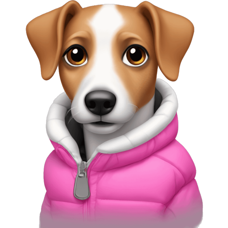 Jack rassel wearing pink puffer emoji