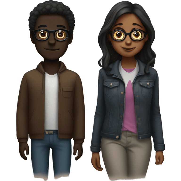 Dark skin guy with girl with glasses emoji