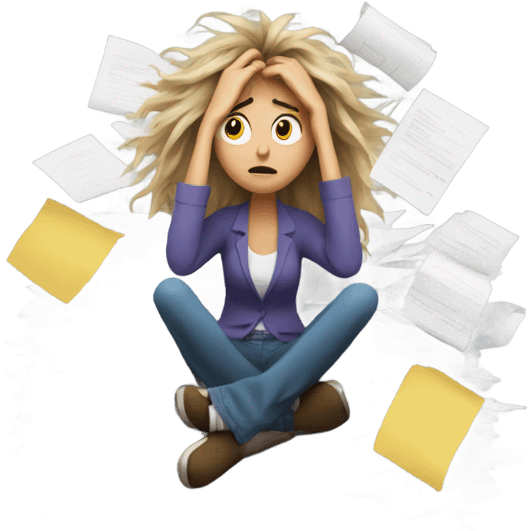 Stressed woman, papers falling emoji