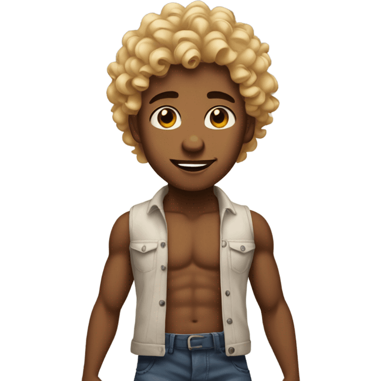 One Medium brown boy with blonde curly hair shirtless with tattoos , small eyes emoji