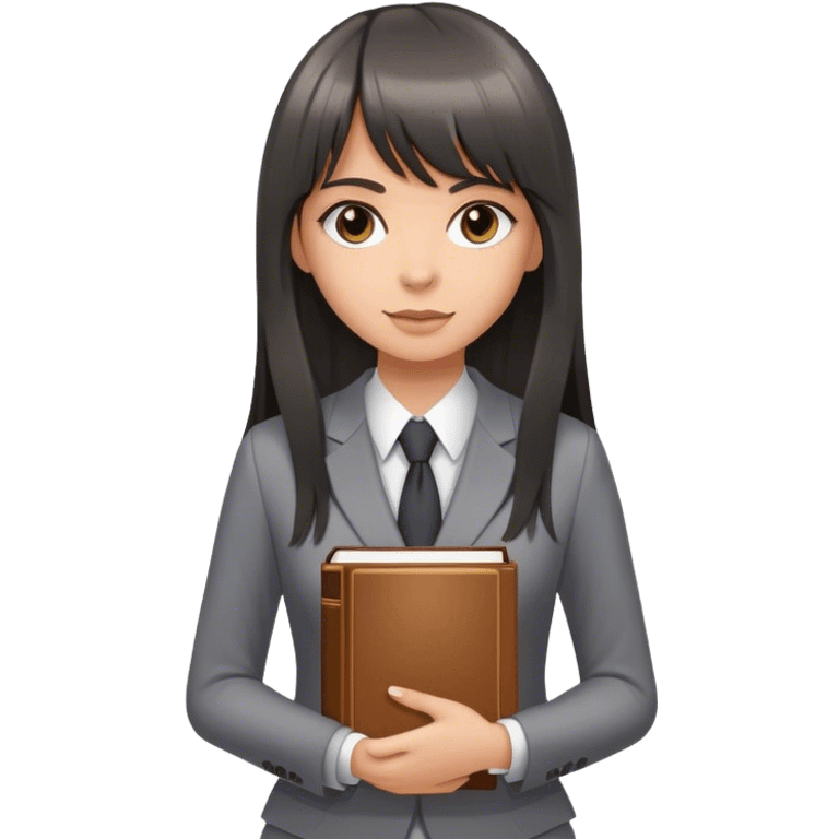 Beautiful white girl, with dark very long hair with bang, wearing grey suit, holding 5 books emoji