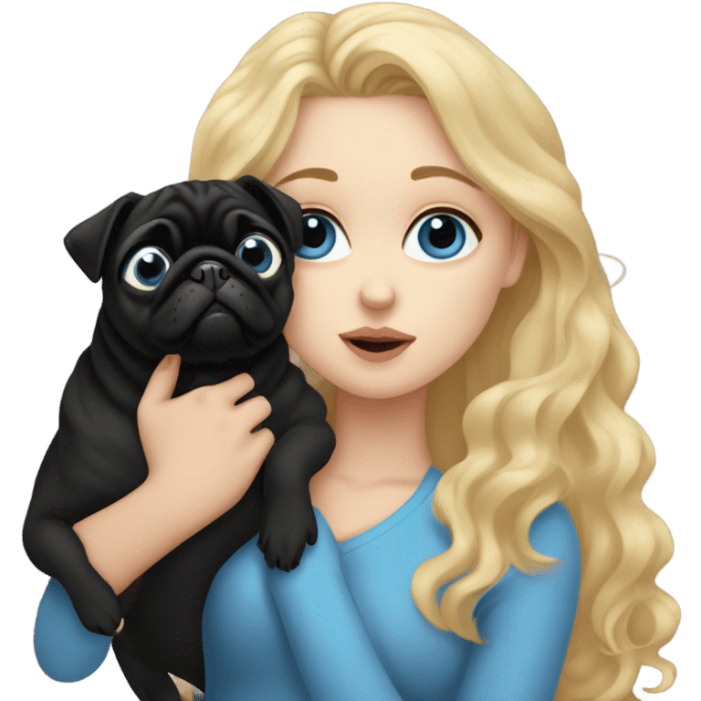 Girl with wavy blonde hair and blue eyes, kissing a black pug emoji