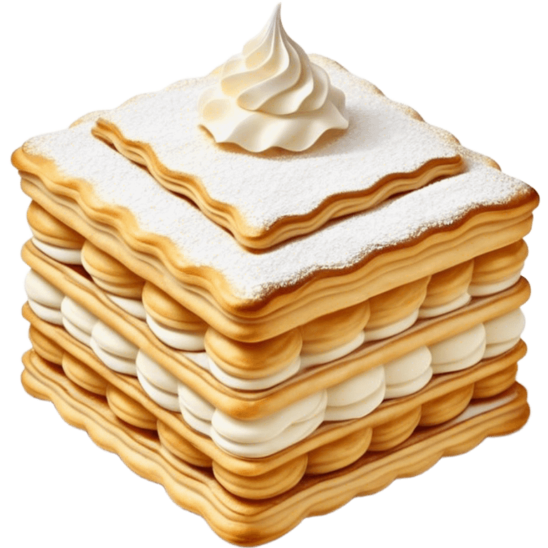 Cinematic Realistic Mille-Feuille Dessert Emoji, depicted as layered puff pastry with rich cream and a dusting of powdered sugar rendered with intricate textures and elegant, soft lighting. emoji