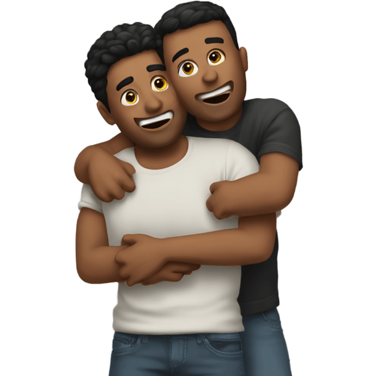 2 guys hugging with one mewing emoji