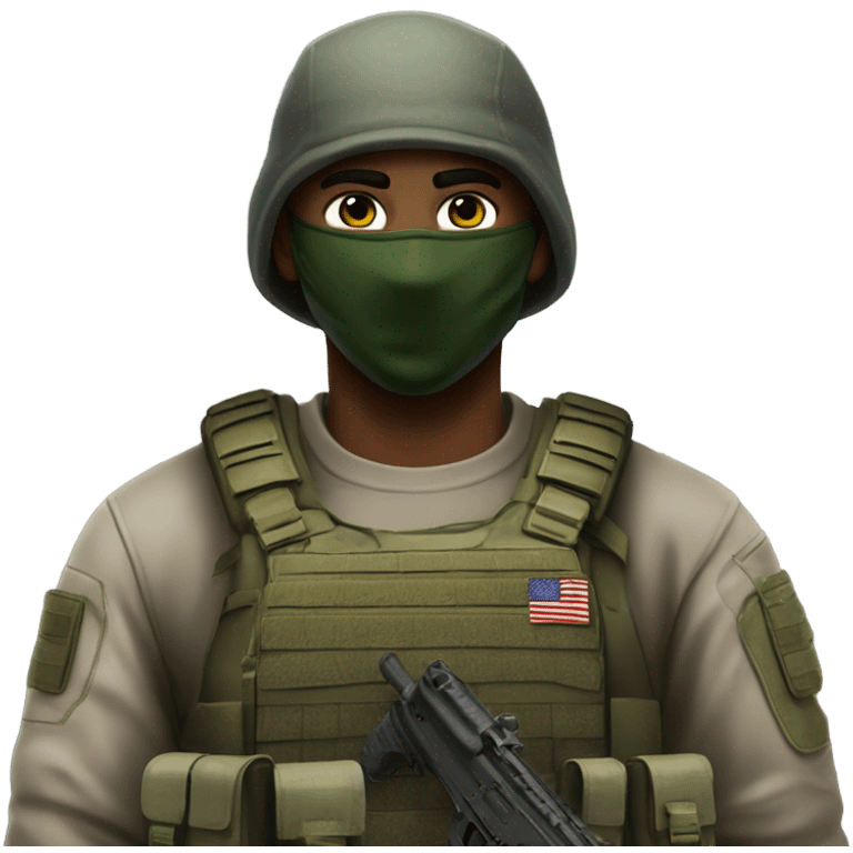 white male, tall, call of duty Logan mask, green camo tactical gear, combat boots, beanie, hazel eyes emoji