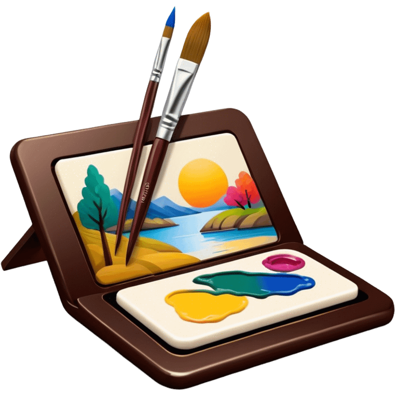 Lacquer miniature making icon, small painted scene in progress on lacquered surface, fine brush strokes, vibrant colors, paintbrush and palette, intricate details, minimalistic style, clean lines, transparent background. emoji