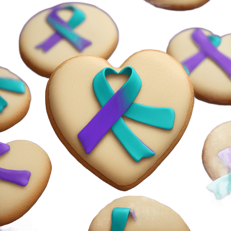 Heart cookie, teal purple suicide awareness ribbon emoji