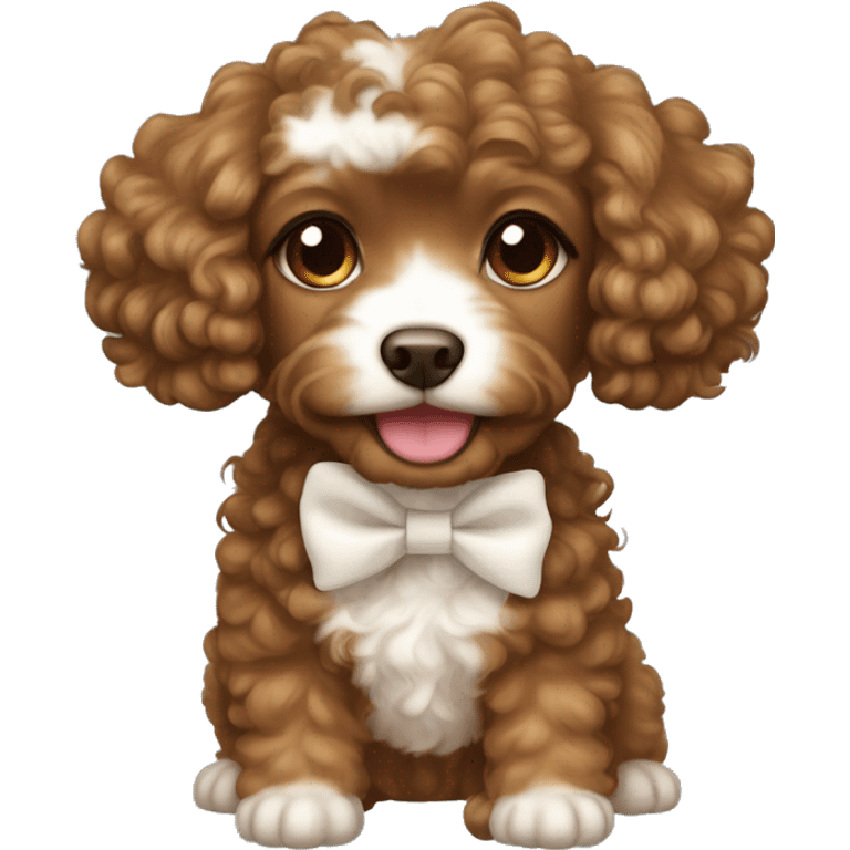 Tan girl dark curly hair holding brown Cavapoo with a white bow on ear emoji