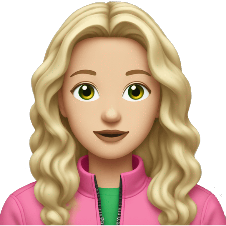 white girl with green eyes and long wavy hair with a pink quarter zip up jacket emoji