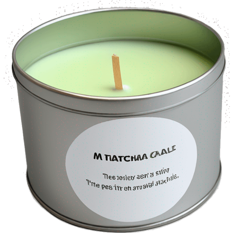 realistic, lit matcha scented candle, silver tin, small plain white label with black text emoji