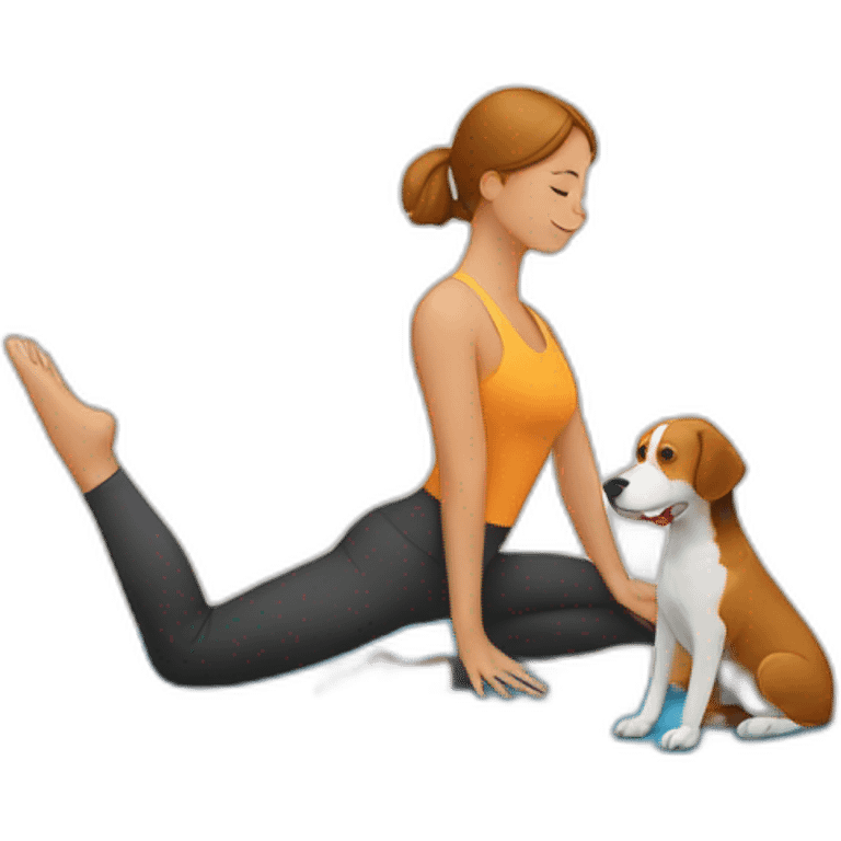 A woman doing yoga next to a beagle emoji