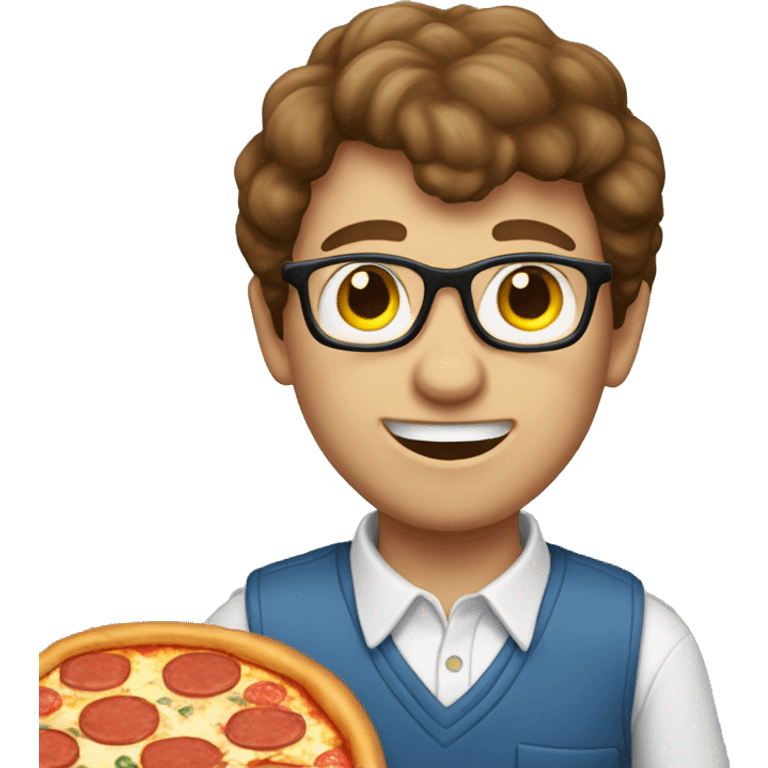 White nerd with brown hair eating pizza emoji