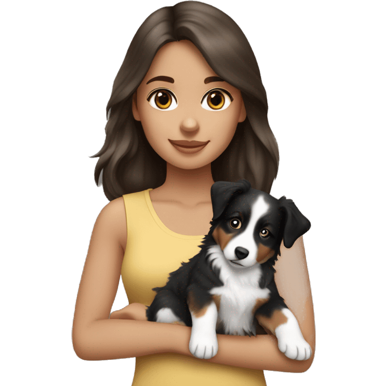 Brunette long hair light tan girl with black and white Australian shepherd puppy emoji