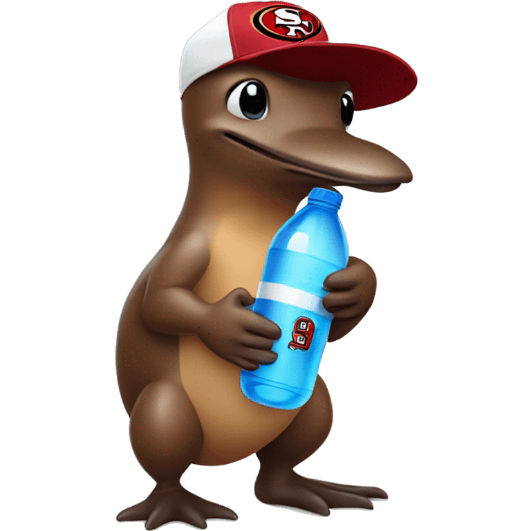 brown platypus wearing a white 49er hat holding water bottle emoji