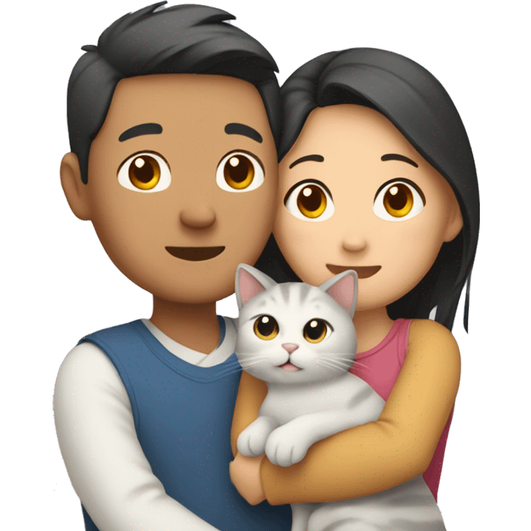 Asian Couple hugging with a cat emoji