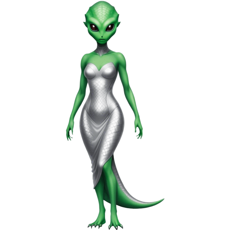 Green Alien reptilian woman in silver dress, full figure emoji