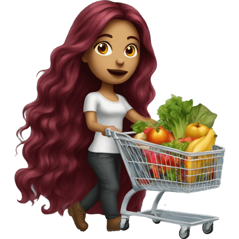 Beautiful tattooed burgundy long haired woman pushing shopping cart emoji