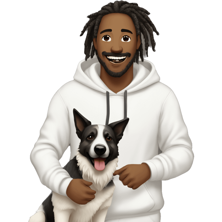 man with dreadlocks, mustache and goatee expressing joy dressed in a white hoodie alongside a dark brindle colored german shepherd dog emoji