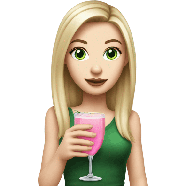 Realistic White girl with Long straight blonde hair, green eyes, tattoos, full body wearing dress and High heels, holding pink drink emoji