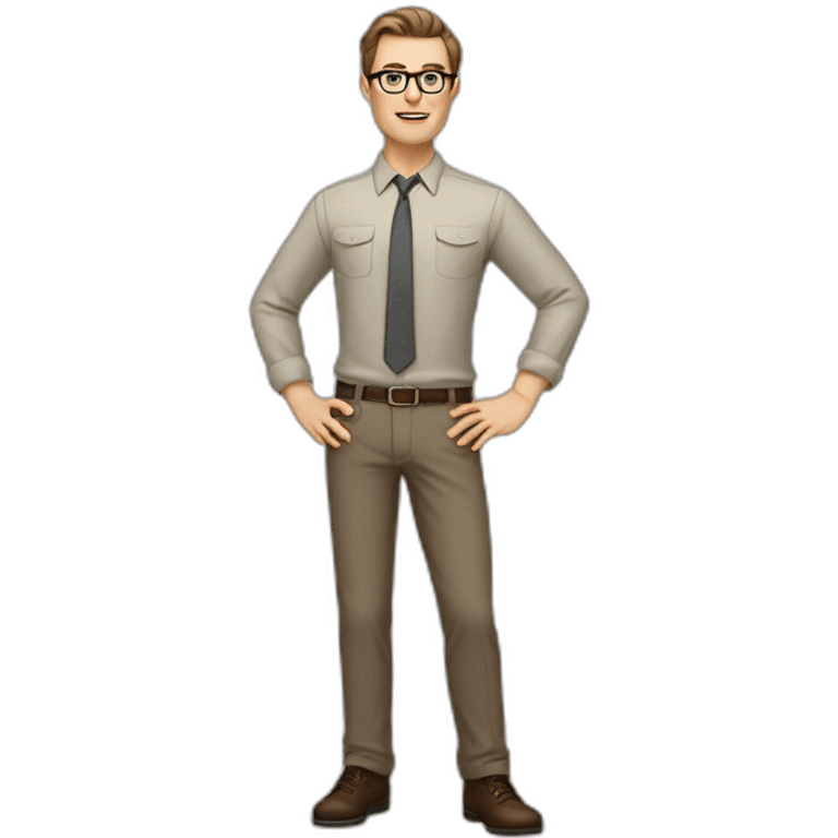 Full height Actively Gesturing Pale skinned fit man with dark brown hair in gray jacket, beige office shirt, brown tie, brown pants and vintage glasses. emoji