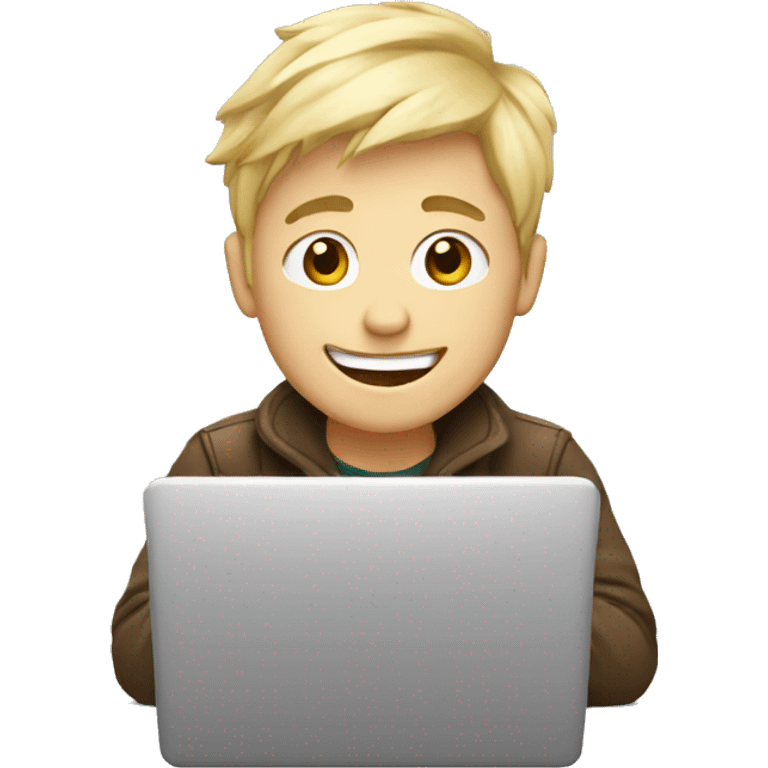 Blondie boy with a laptop and coffee smiling emoji