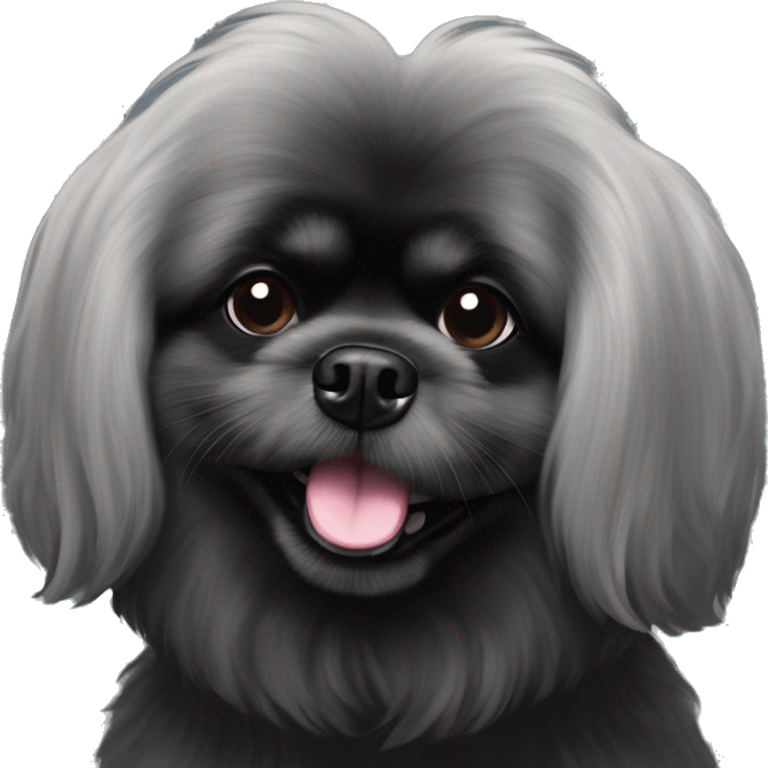 Pekingese poodle mix. All black in color everywhere. No other color. Extreme underbite with teeth showing  emoji