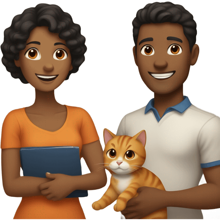 a happy light-brown woman with black hair and a happy brown man with brown hair are friends and holding an orange cat emoji