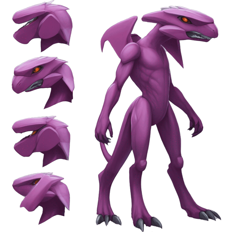 Mauve-maroon-red-violet-colored anthro-genesect-raptor-scalie-sona-Fakémon-hybrid with a mane on head and back full body emoji