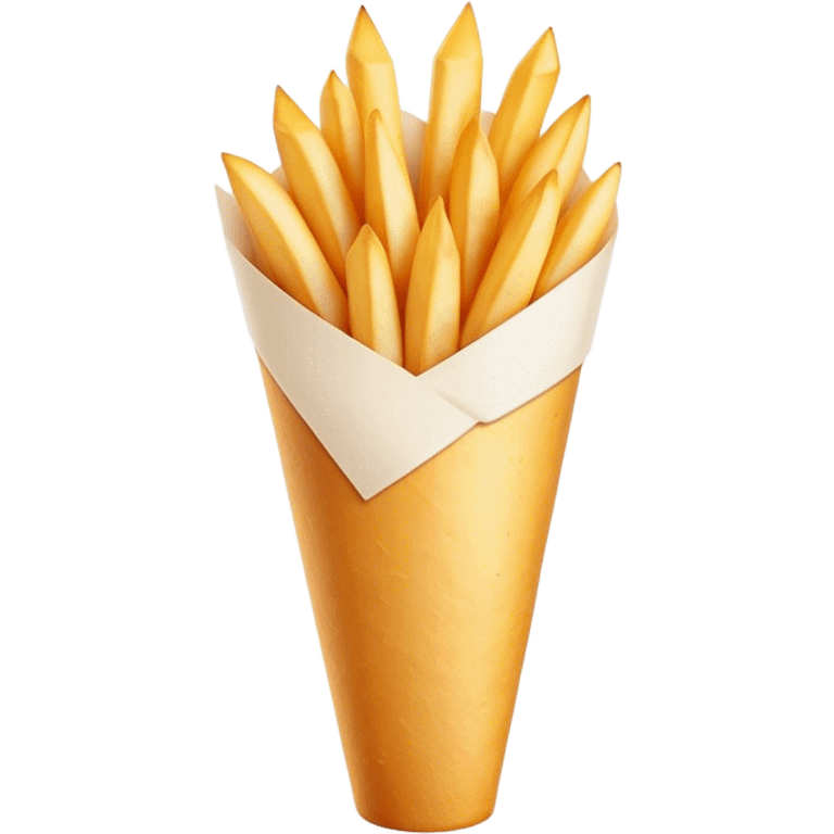 Belgian Fries Cinematic Realistic Belgian Fries Dish Emoji, depicted as a generous serving of crispy fries neatly presented in a white paper cone, rendered with vivid textures and appetizing, natural lighting. emoji