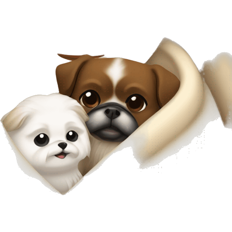 A Women with brown hair is cradling her white Pekingese in a beige blanket emoji