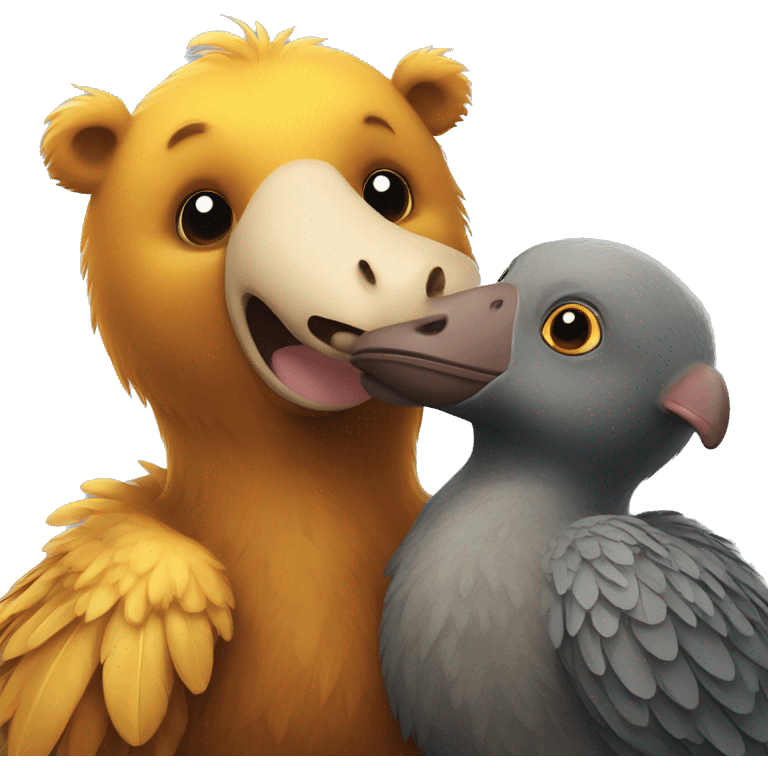 a bear and a dodo affectionately embracing each other, symbolizing a heartwarming friendship between two unlikely animal companions emoji