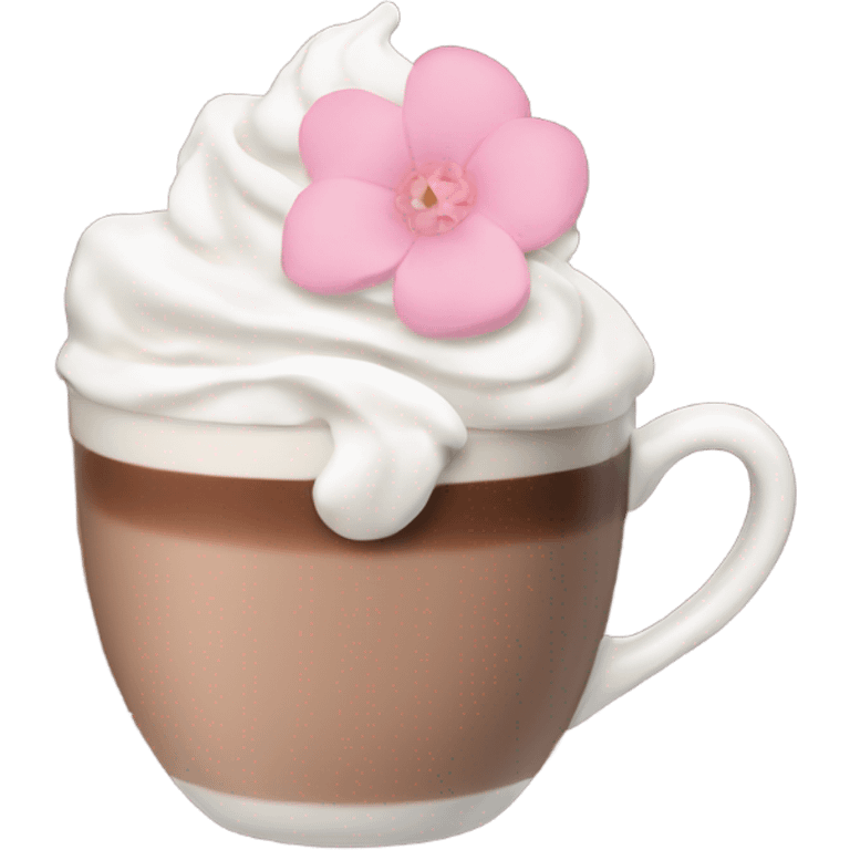 Hot chocolate with pale pink flower and whipped cream emoji