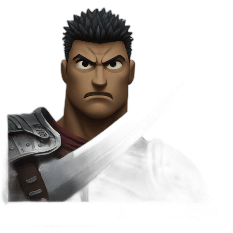 angry berserk guts carrying a huge sword on his shoulder framed on his bust emoji