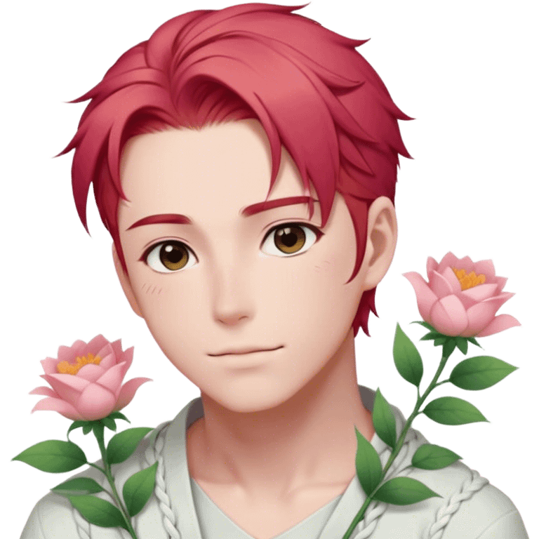 Gorgeous pastel red hair with a thin braid on the side anime style handsome sexy gojo guy with blushing face and flowers aesthetic trending style outside emoji