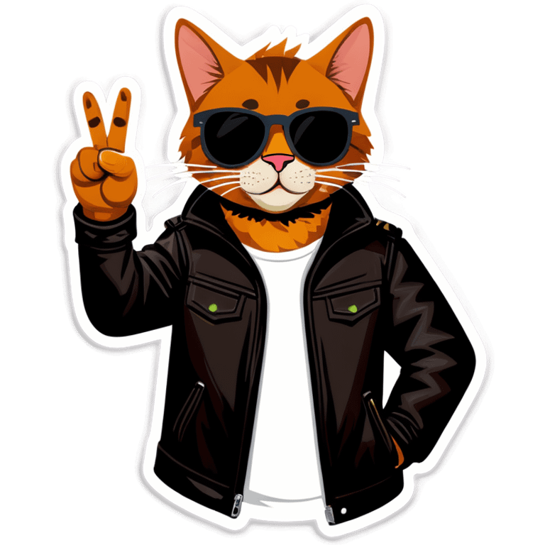 Cool brown cat in sunglasses wearing leather jacket making peace sign  emoji