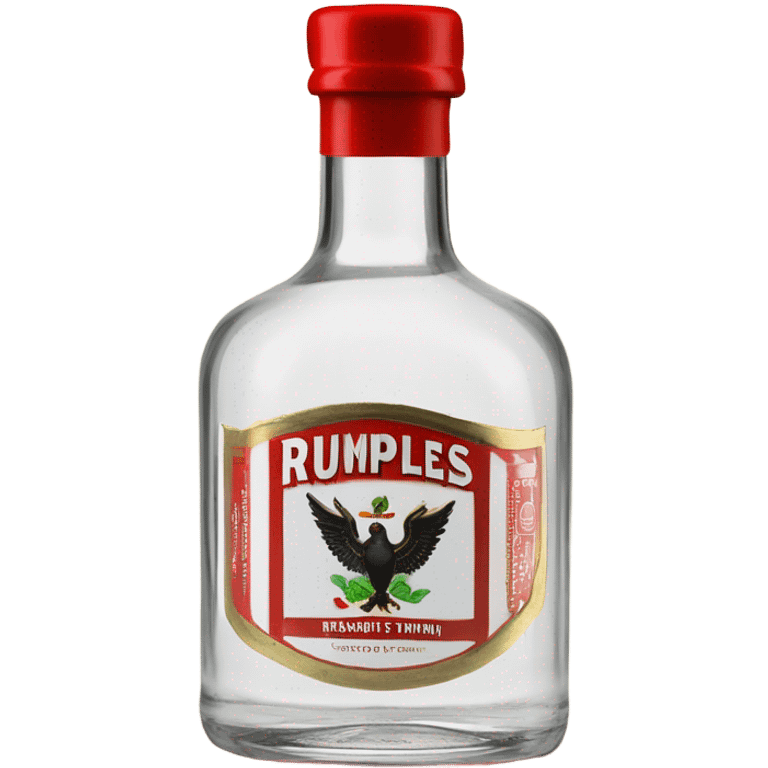 clear bottle of rumpleminze clear peppermint schnapps alcohol with a black label that has a red border and red font and the label also has a small gold eagle on the label that says “rumples” emoji