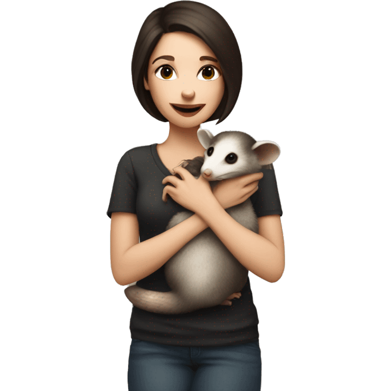 White woman dark brown hair holding and kissing opossum emoji