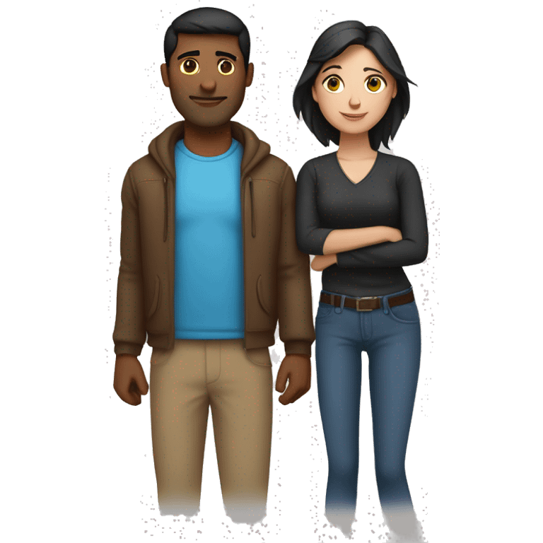 Couple with arms around each other; white woman with blue eyes and brown hair, Indian man with black hair  emoji