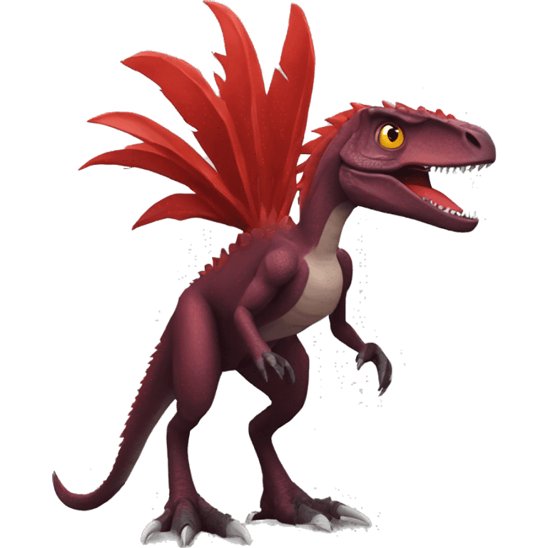 Cool edgy Maroon-colored velociraptor with bright-red spiky mane full body emoji