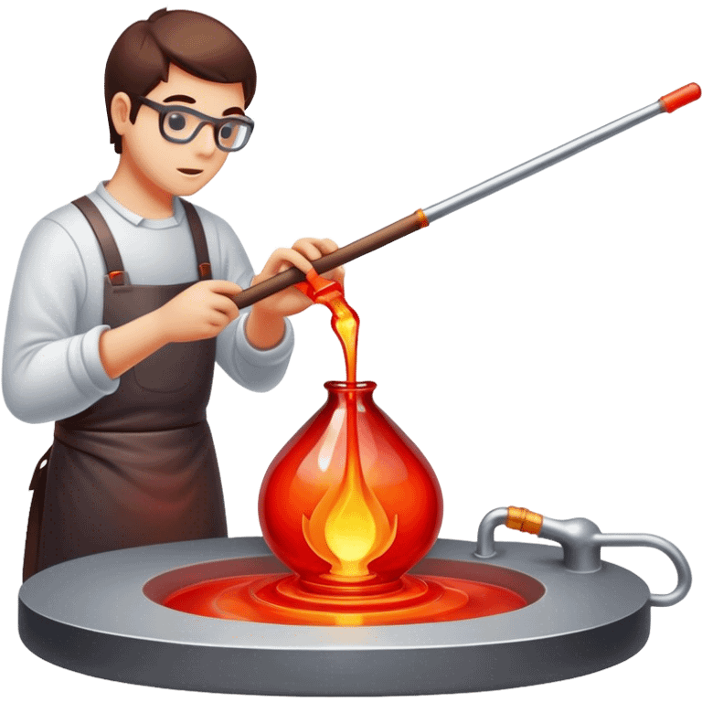 Glassblowing and casting icon, molten glass being shaped into a delicate object with a blowpipe, glowing red-hot glass being poured into a mold, unfinished glass sculpture, minimalistic style, clean lines, transparent background. emoji