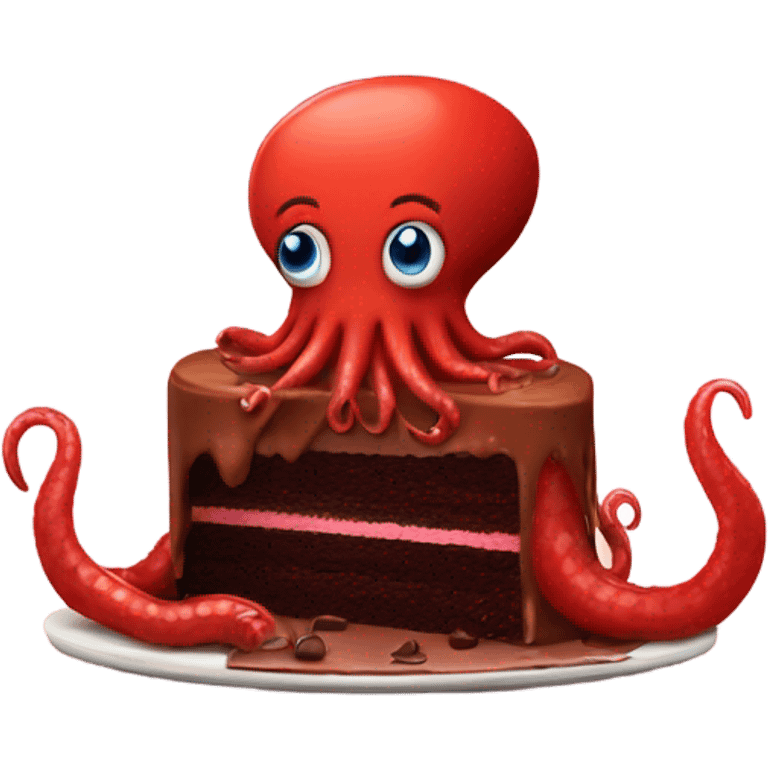 A red squid eating some chocolate cake emoji