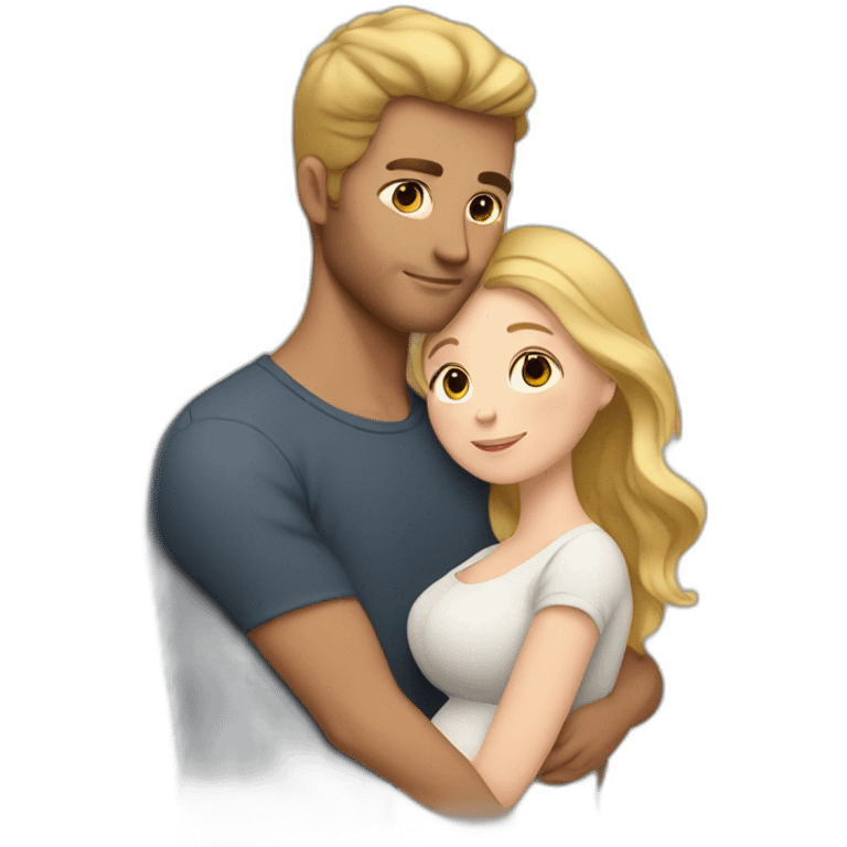 Small pregnant woman with wavy brown gradient hair and a tall man with blond hair cuddling eachother emoji