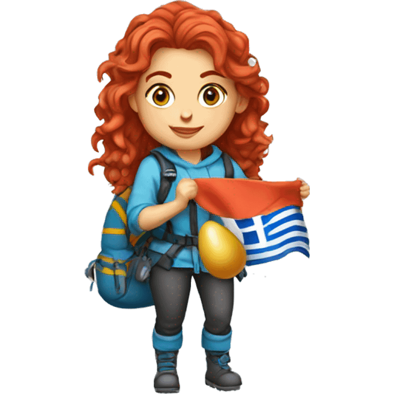 Female winter mountain climber red wavy hair climbing with Greek flag on backpack and holding Easter eggs basket emoji