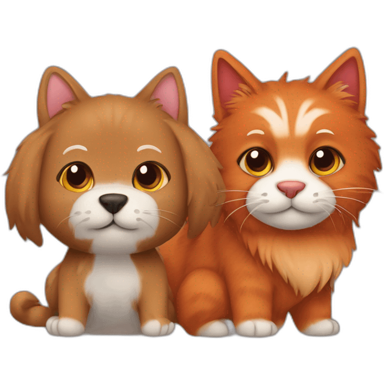 Brown furry dog and a red cat holding paws emoji