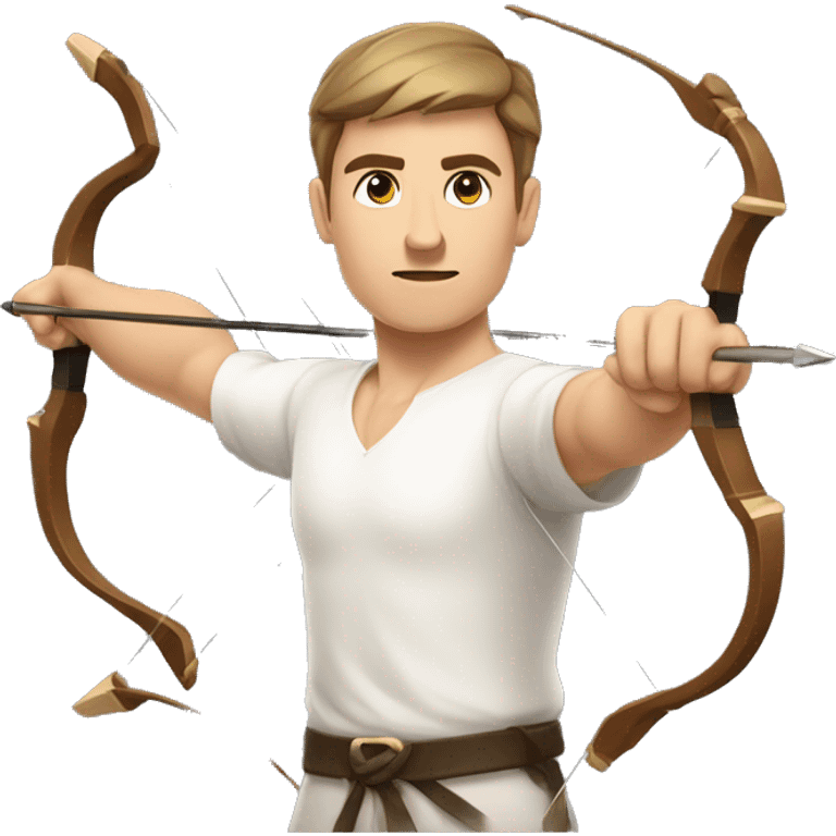 a male archer bending a bow, wearing a white shirt, very short brown hair, bright skin, only show upper part of the body from waist up emoji