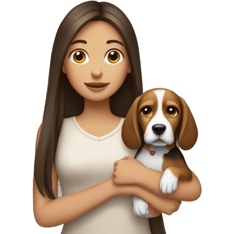 a brunette girl with long straight hair and a beagle puppy emoji