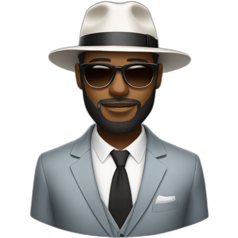 Bearded black man wearing a white wide brim fedora and suit with cool glasses emoji