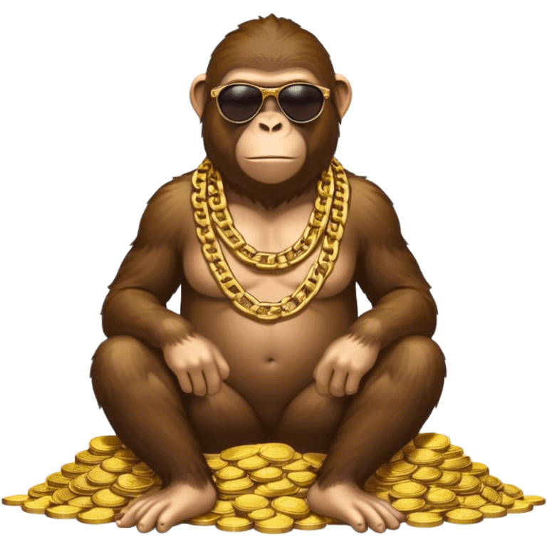 ape with big golden chain on the neck wearing sunglasses sitting on the big pile of gold coins  full height. emoji