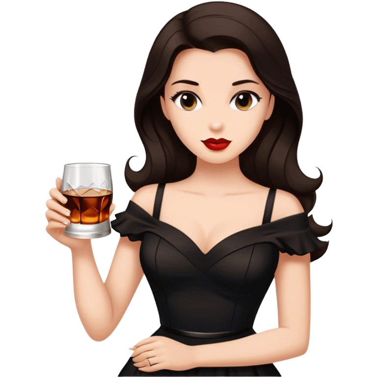 Beautiful woman in 1950’s woman fashion look, black dress, long dark brown hair, whisky with ice emoji